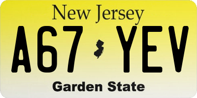 NJ license plate A67YEV