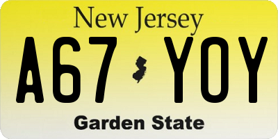NJ license plate A67YOY