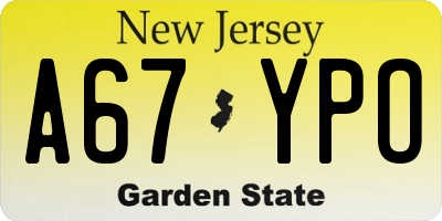 NJ license plate A67YPO
