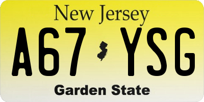 NJ license plate A67YSG
