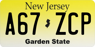 NJ license plate A67ZCP