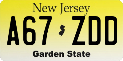 NJ license plate A67ZDD