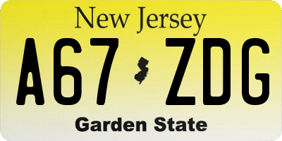 NJ license plate A67ZDG