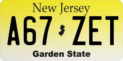 NJ license plate A67ZET