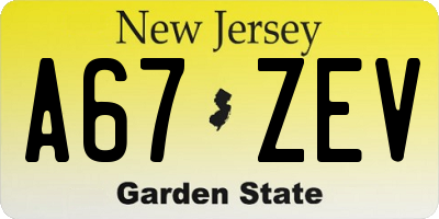 NJ license plate A67ZEV