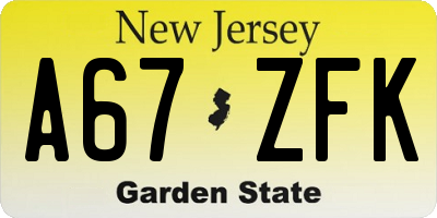 NJ license plate A67ZFK