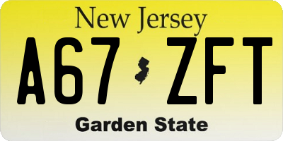 NJ license plate A67ZFT