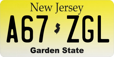 NJ license plate A67ZGL