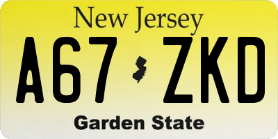 NJ license plate A67ZKD