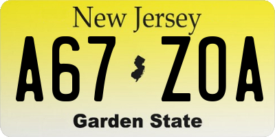 NJ license plate A67ZOA