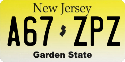 NJ license plate A67ZPZ