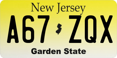 NJ license plate A67ZQX