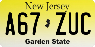 NJ license plate A67ZUC
