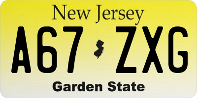 NJ license plate A67ZXG