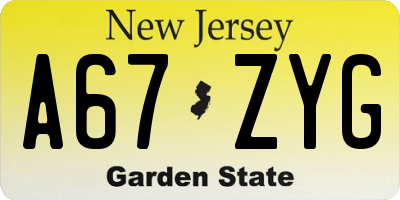 NJ license plate A67ZYG