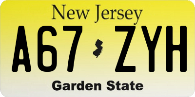 NJ license plate A67ZYH