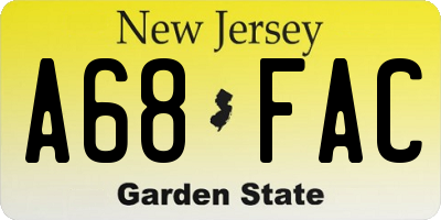 NJ license plate A68FAC