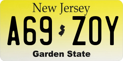 NJ license plate A69ZOY