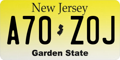 NJ license plate A70ZOJ