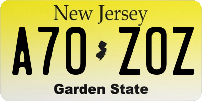 NJ license plate A70ZOZ
