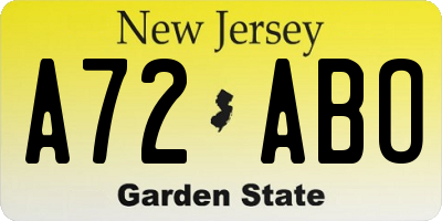 NJ license plate A72ABO
