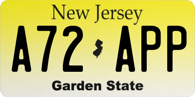 NJ license plate A72APP