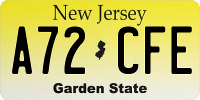 NJ license plate A72CFE