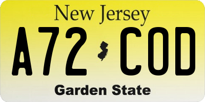 NJ license plate A72COD