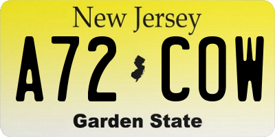 NJ license plate A72COW
