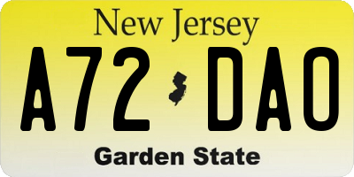 NJ license plate A72DAO