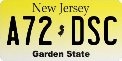 NJ license plate A72DSC