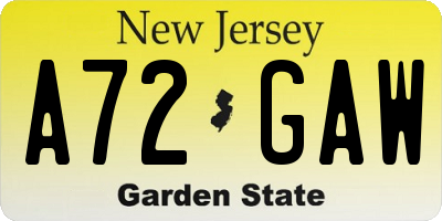 NJ license plate A72GAW