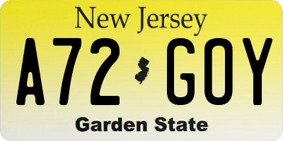 NJ license plate A72GOY