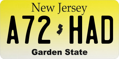 NJ license plate A72HAD
