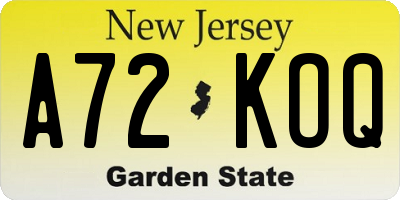 NJ license plate A72KOQ