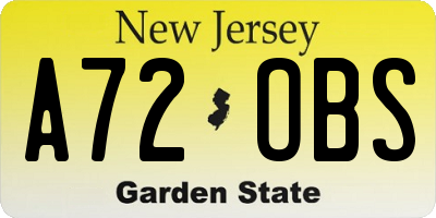 NJ license plate A72OBS