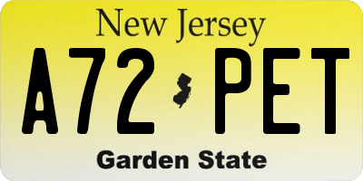 NJ license plate A72PET