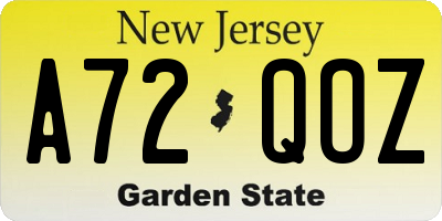 NJ license plate A72QOZ