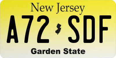 NJ license plate A72SDF