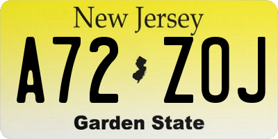 NJ license plate A72ZOJ