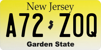 NJ license plate A72ZOQ