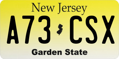NJ license plate A73CSX