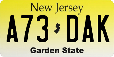 NJ license plate A73DAK