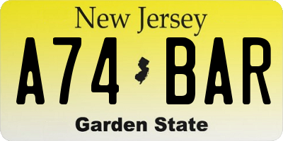 NJ license plate A74BAR