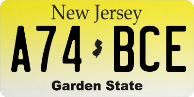 NJ license plate A74BCE