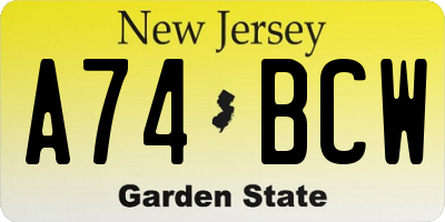 NJ license plate A74BCW