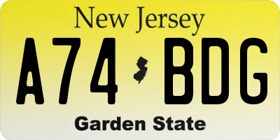NJ license plate A74BDG