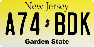 NJ license plate A74BDK