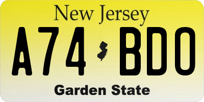 NJ license plate A74BDO