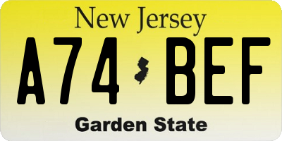 NJ license plate A74BEF